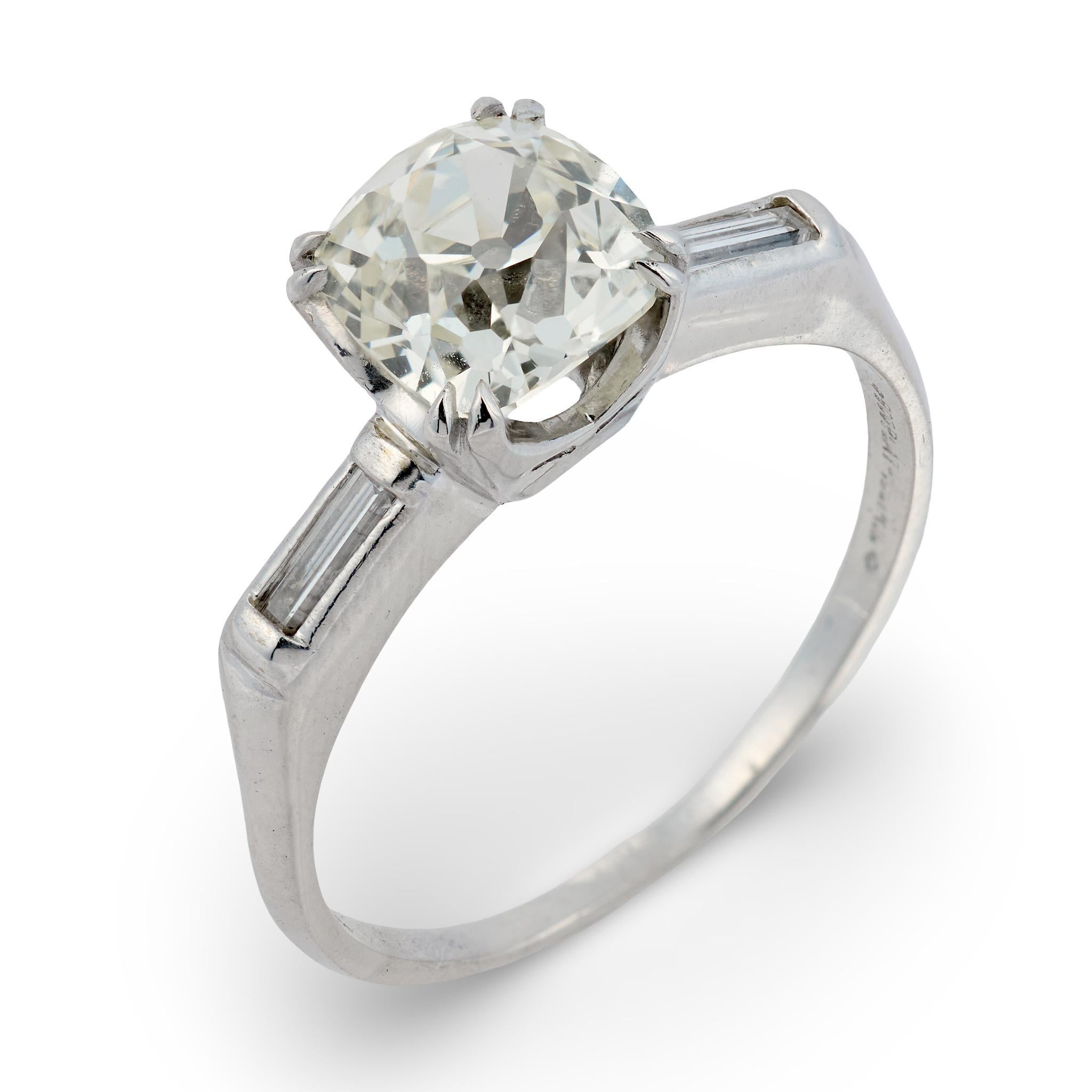 Mid Century GIA 1.91 carat old mine cut diamond platinum engagement ring