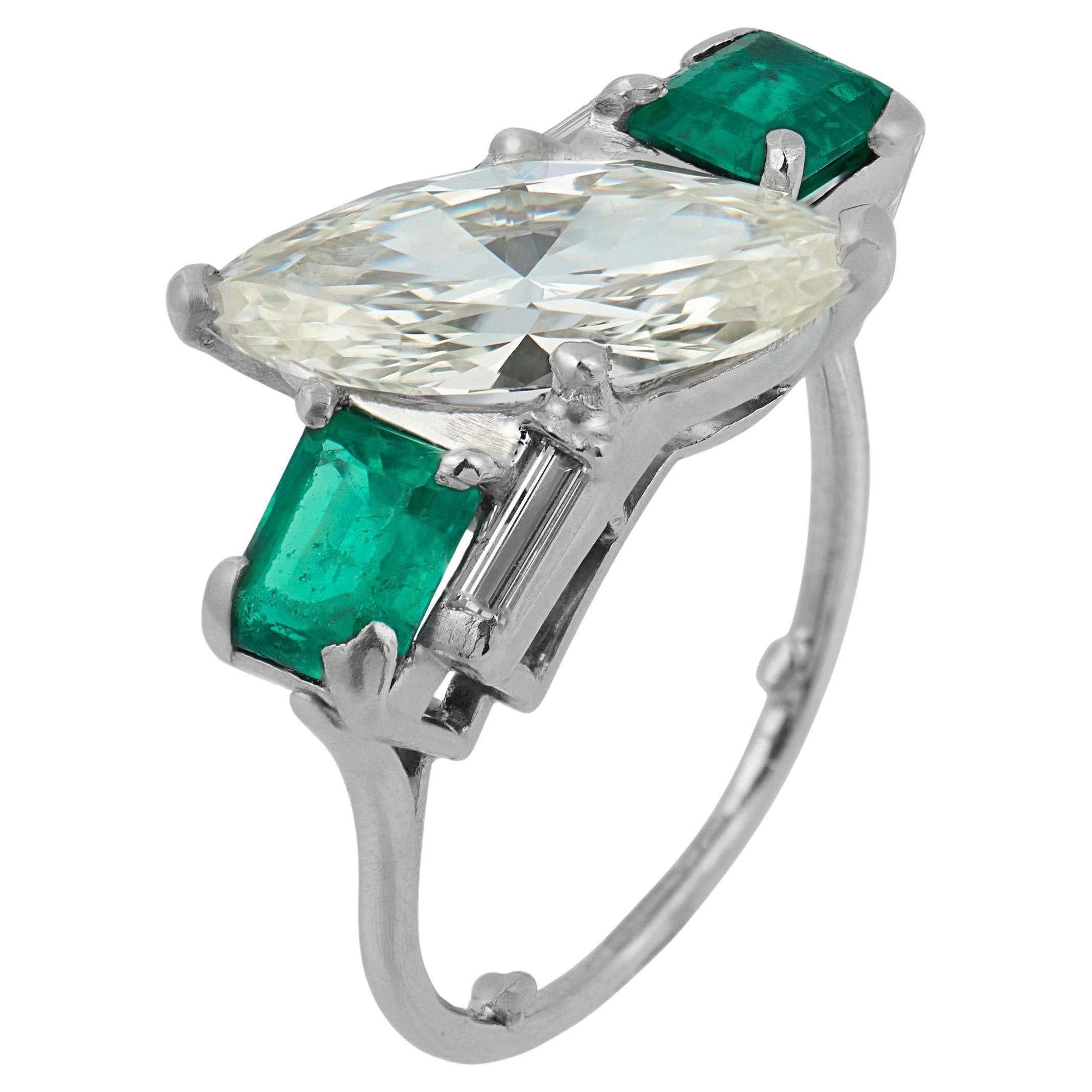 Mid Century GIA 1.98 marquise cut diamond emerald platinum ring