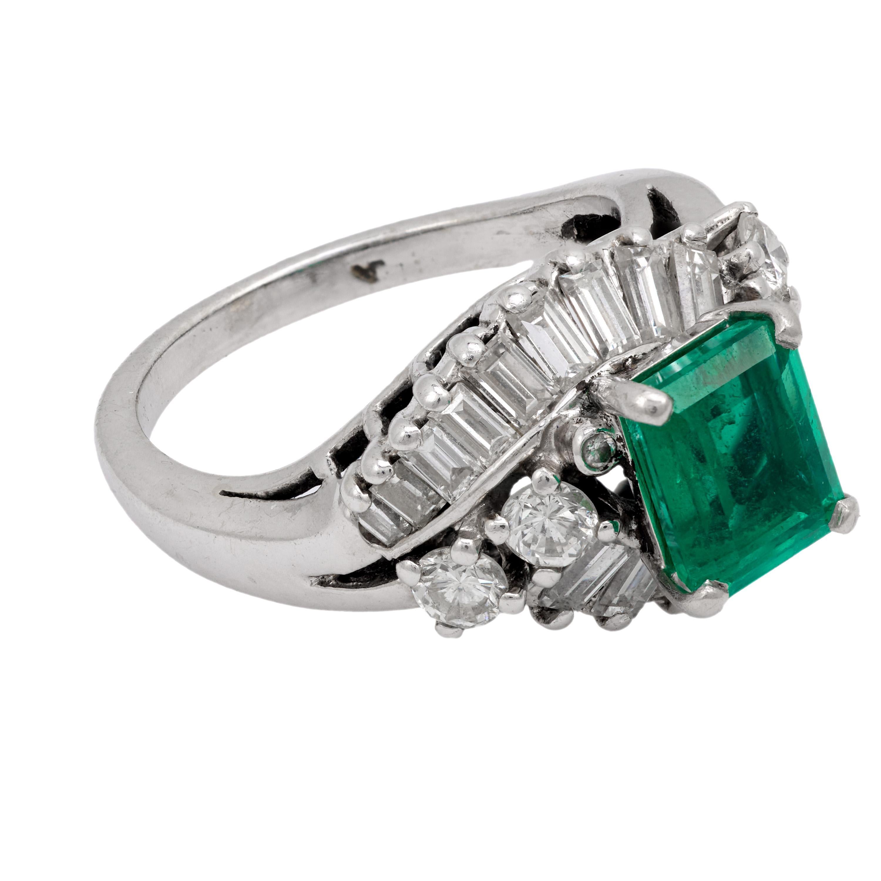 Emerald Cut Mid Century GIA 2 carat emerald diamond 14k white gold cocktail ring For Sale