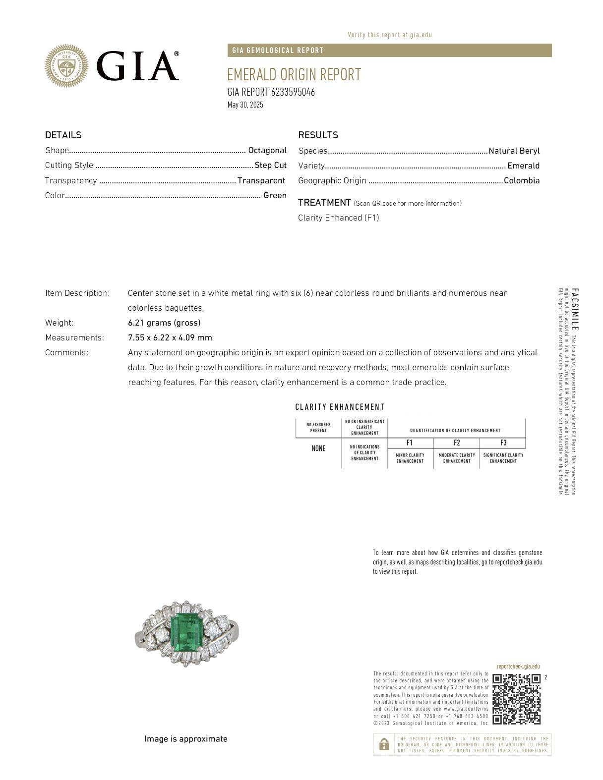 Mid Century GIA 2 carat emerald diamond 14k white gold cocktail ring In Good Condition For Sale In Beverly Hills, CA