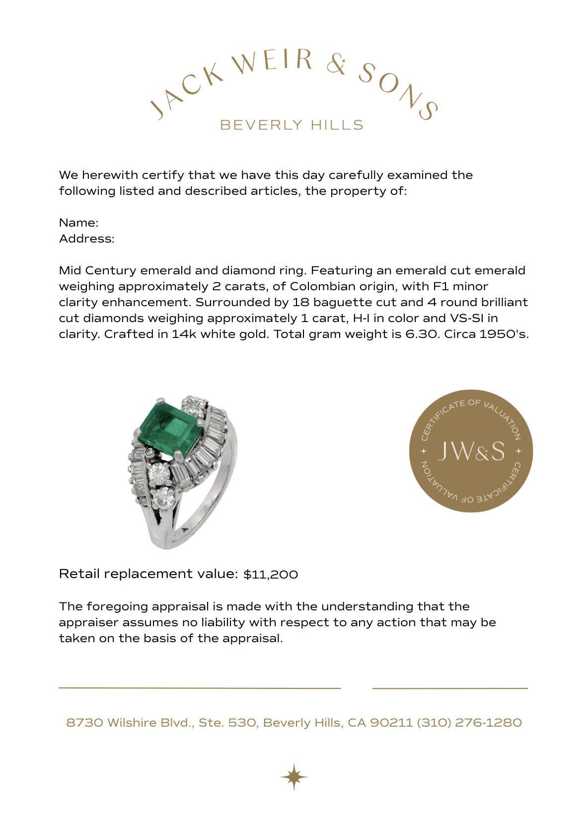 Women's Mid Century GIA 2 carat emerald diamond 14k white gold cocktail ring For Sale