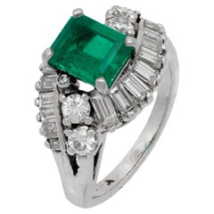 Mid Century GIA 2 carat emerald diamond 14k white gold cocktail ring