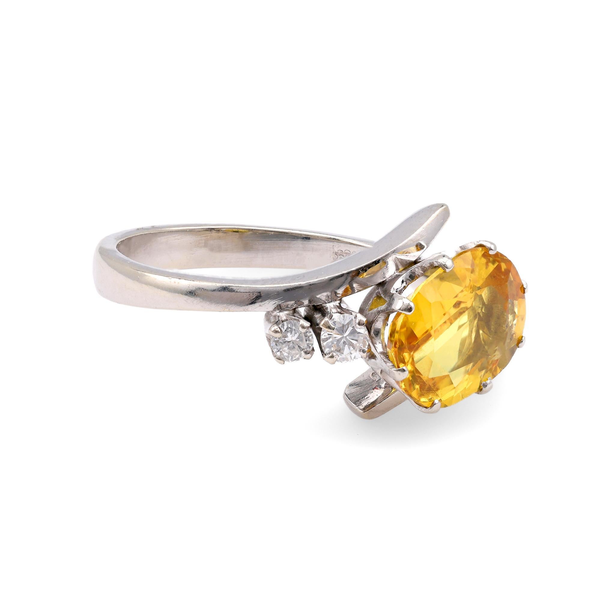 Oval Cut Mid Century GIA 2 Carat Yellow Sapphire Diamond 14K White Gold Ring