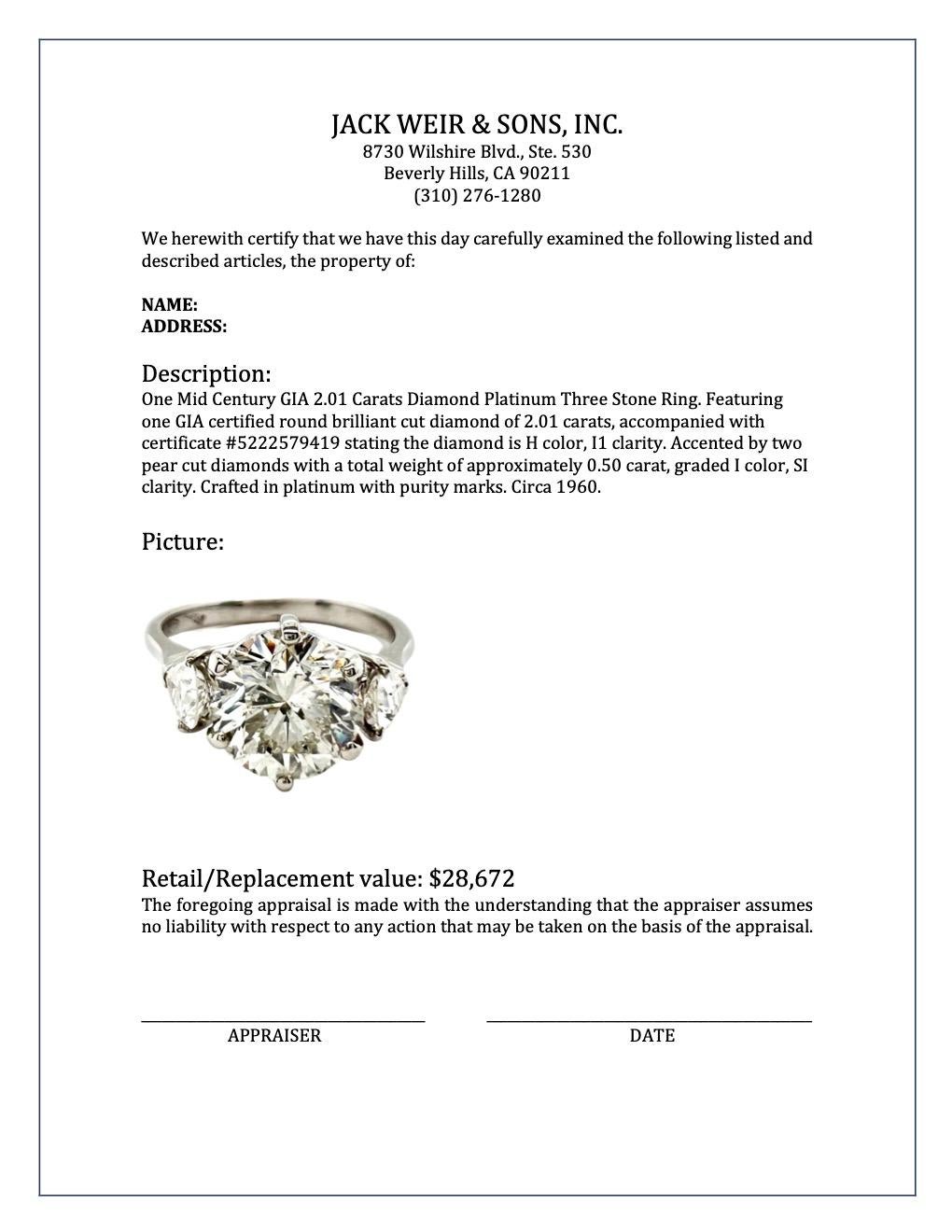 Mid Century GIA 2.01 Carat Round Brilliant Cut Diamond Platinum Three Stone Ring 2
