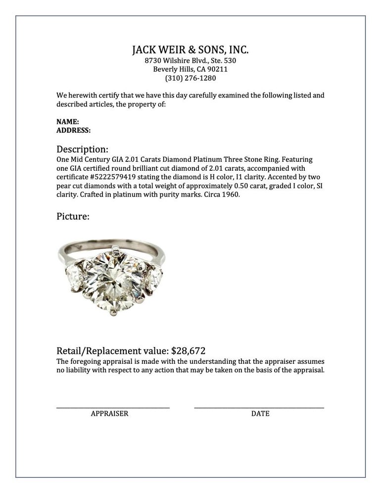 Mid Century GIA 2.01 Carat Round Brilliant Cut Diamond Platinum Three Stone Ring For Sale 3