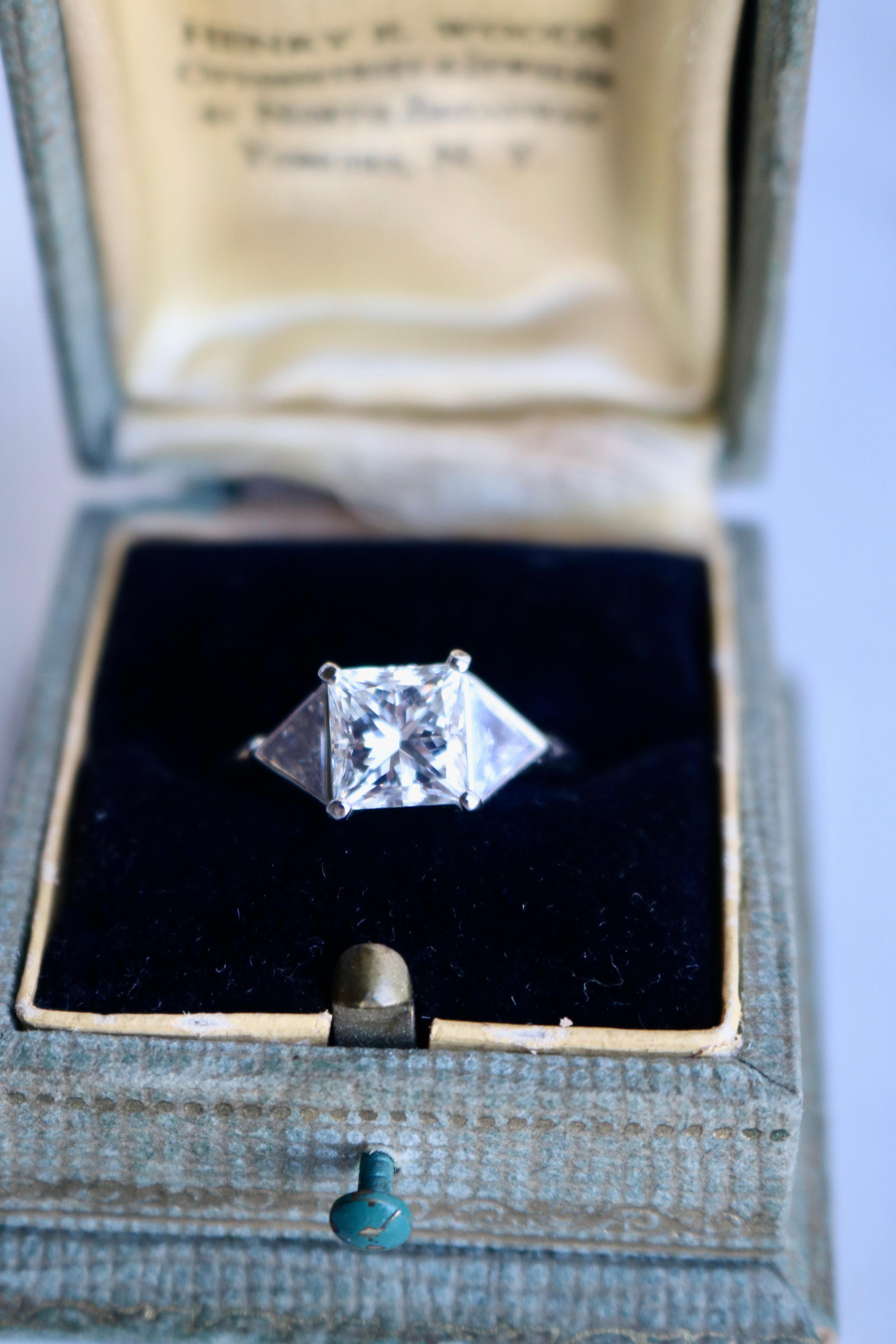 Mid Century GIA 2.02 Carat Princess Cut Diamond Platinum Three Stone Ring 2