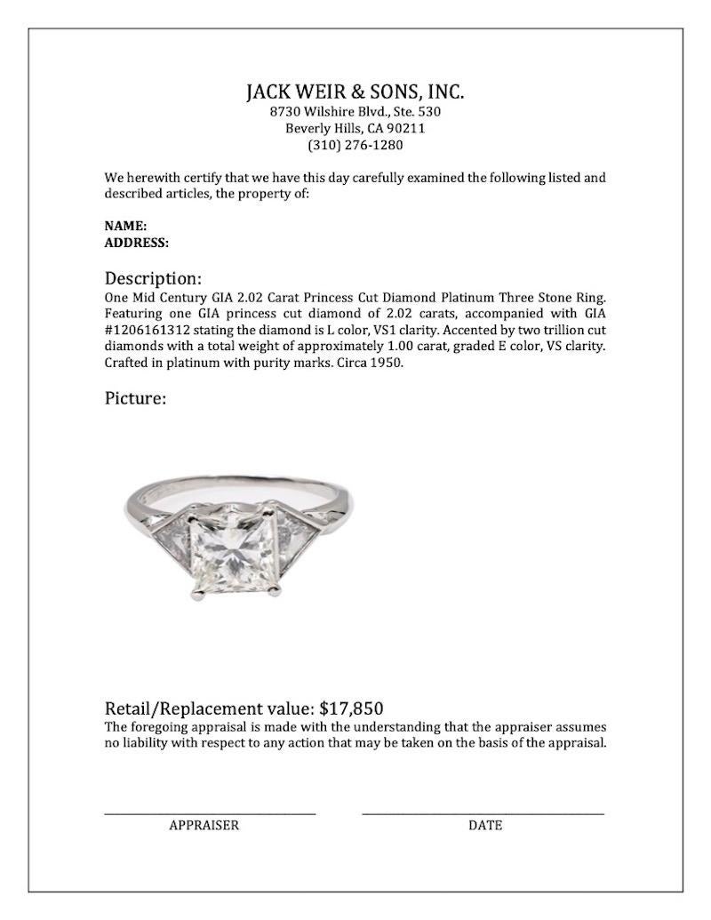 Mid Century GIA 2.02 Carat Princess Cut Diamond Platinum Three Stone Ring 4