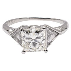 Mid Century GIA 2.02 Carat Princess Cut Diamond Platinum Three Stone Ring