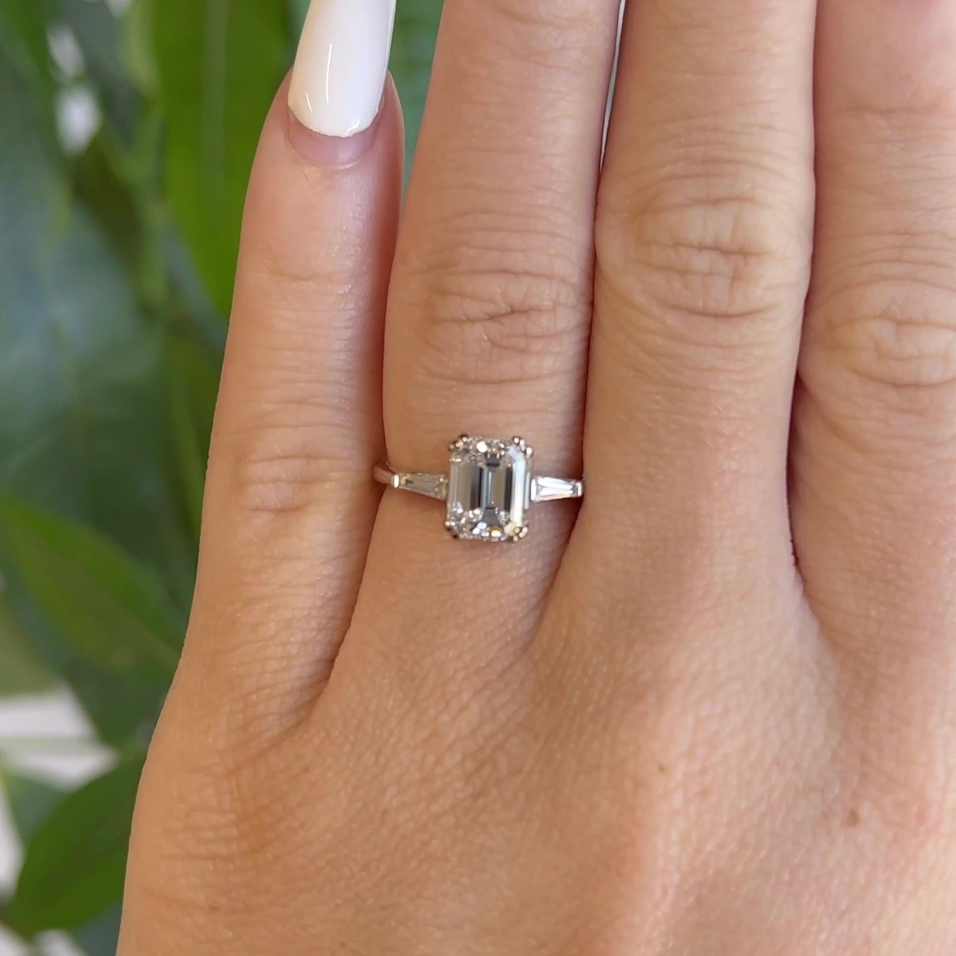 Mid Century GIA 2.03 Emerald Cut Diamond 18 Karat White Gold Engagement Ring In Excellent Condition In Beverly Hills, CA