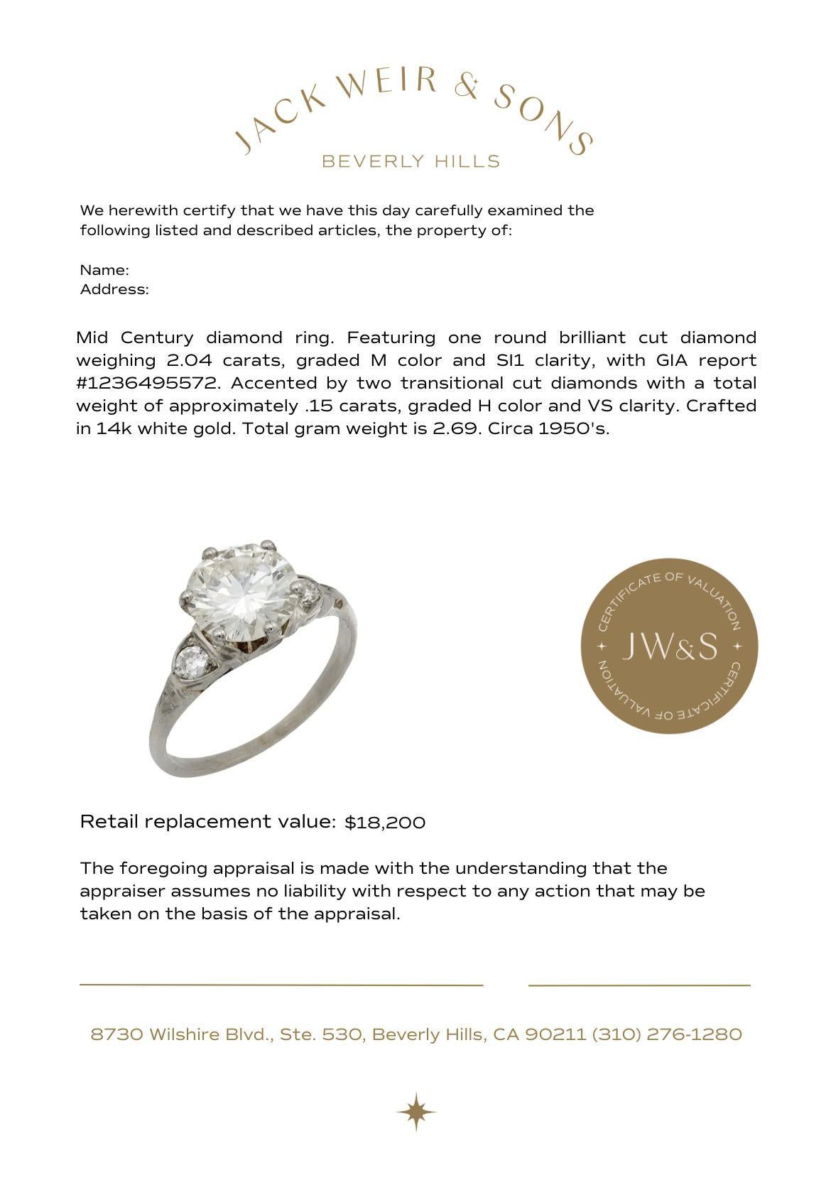 De las mujeres Anillo de compromiso de oro blanco de 14k con diamante de 2,04 quilates GIA de mediados de siglo en venta
