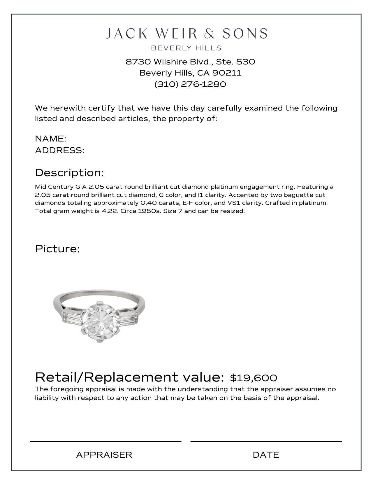 Women's or Men's Mid Century GIA 2.05 carat platinum diamond engagement ring