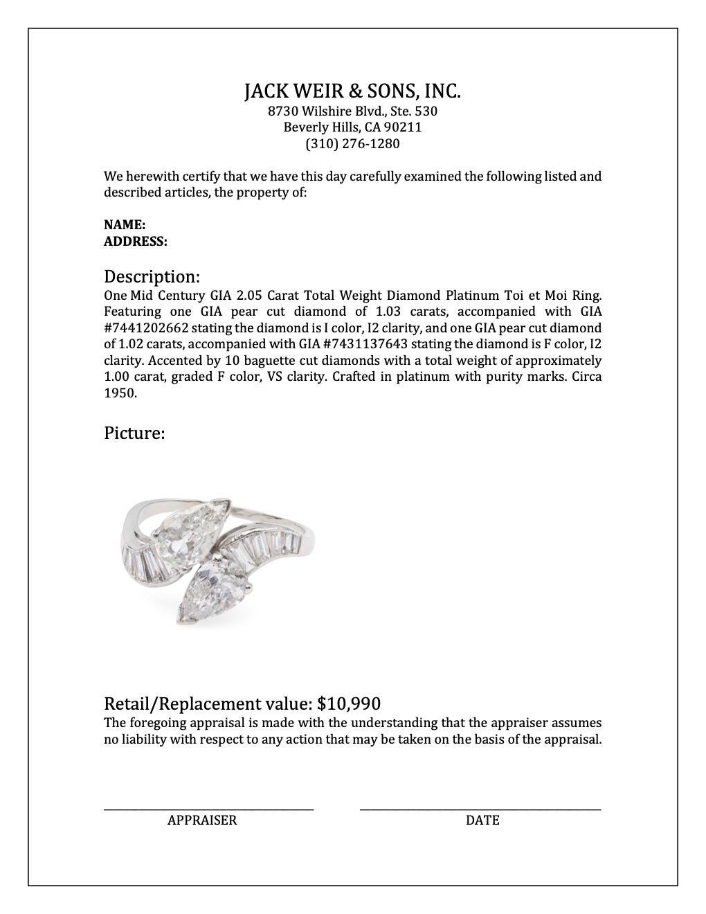 Mitte des Jahrhunderts GIA 2,05 Karat Gesamtgewicht Diamant Platin Toi et Moi Ring 4