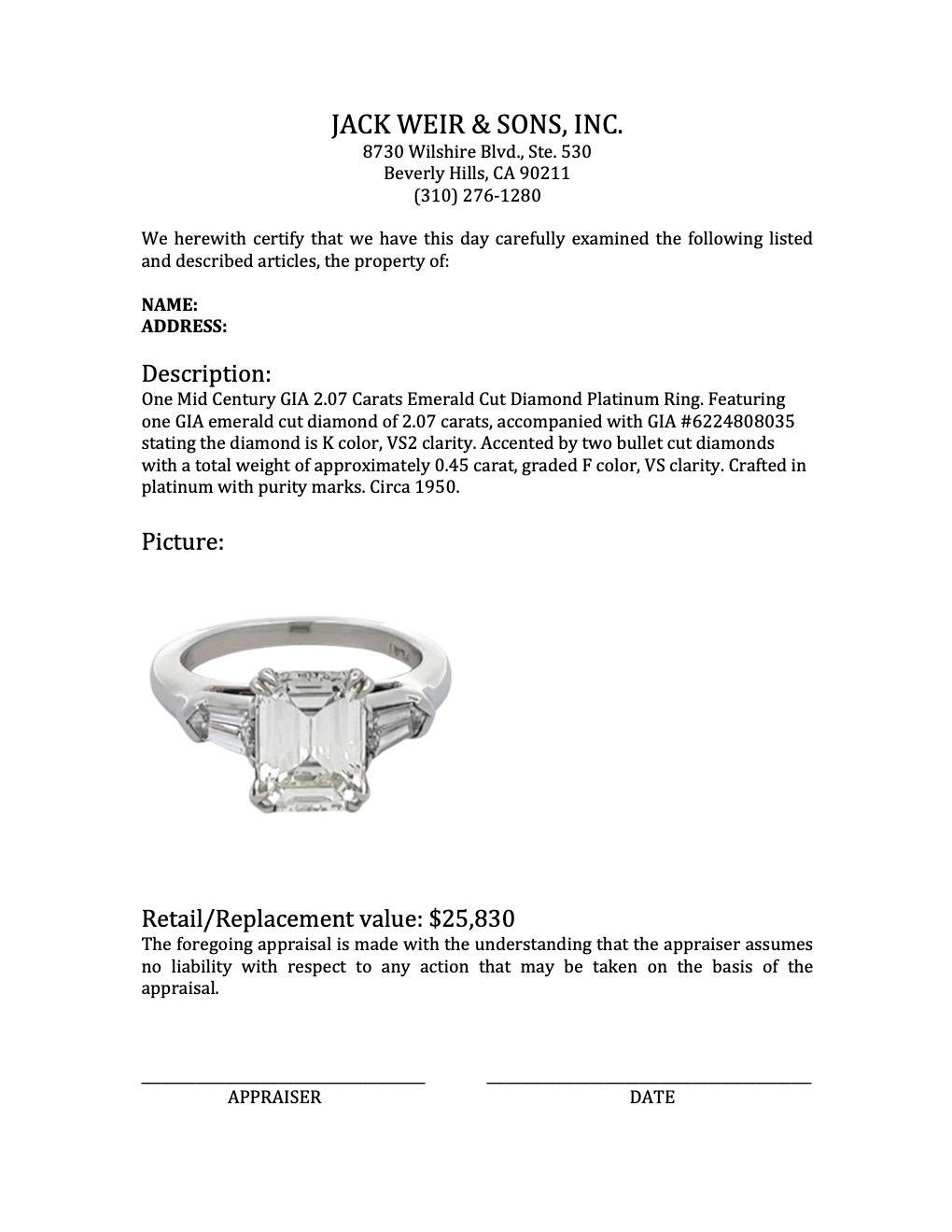 Midcentury GIA 2.07 Carats Emerald Cut Diamond Platinum Ring For Sale 1
