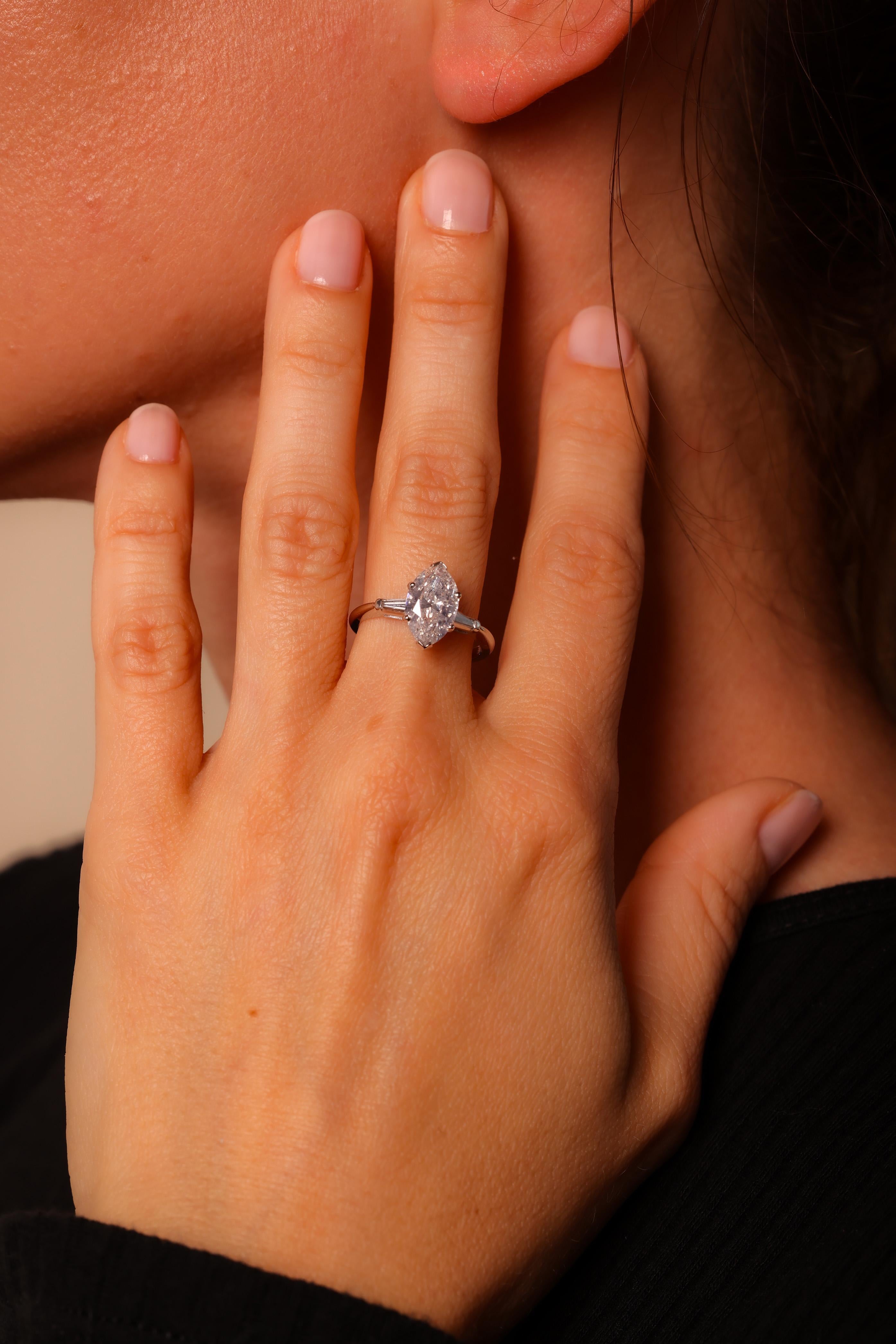 Mid-Century GIA 2.16 Carat Marquise Diamond Platinum Engagement Ring In Excellent Condition In Beverly Hills, CA