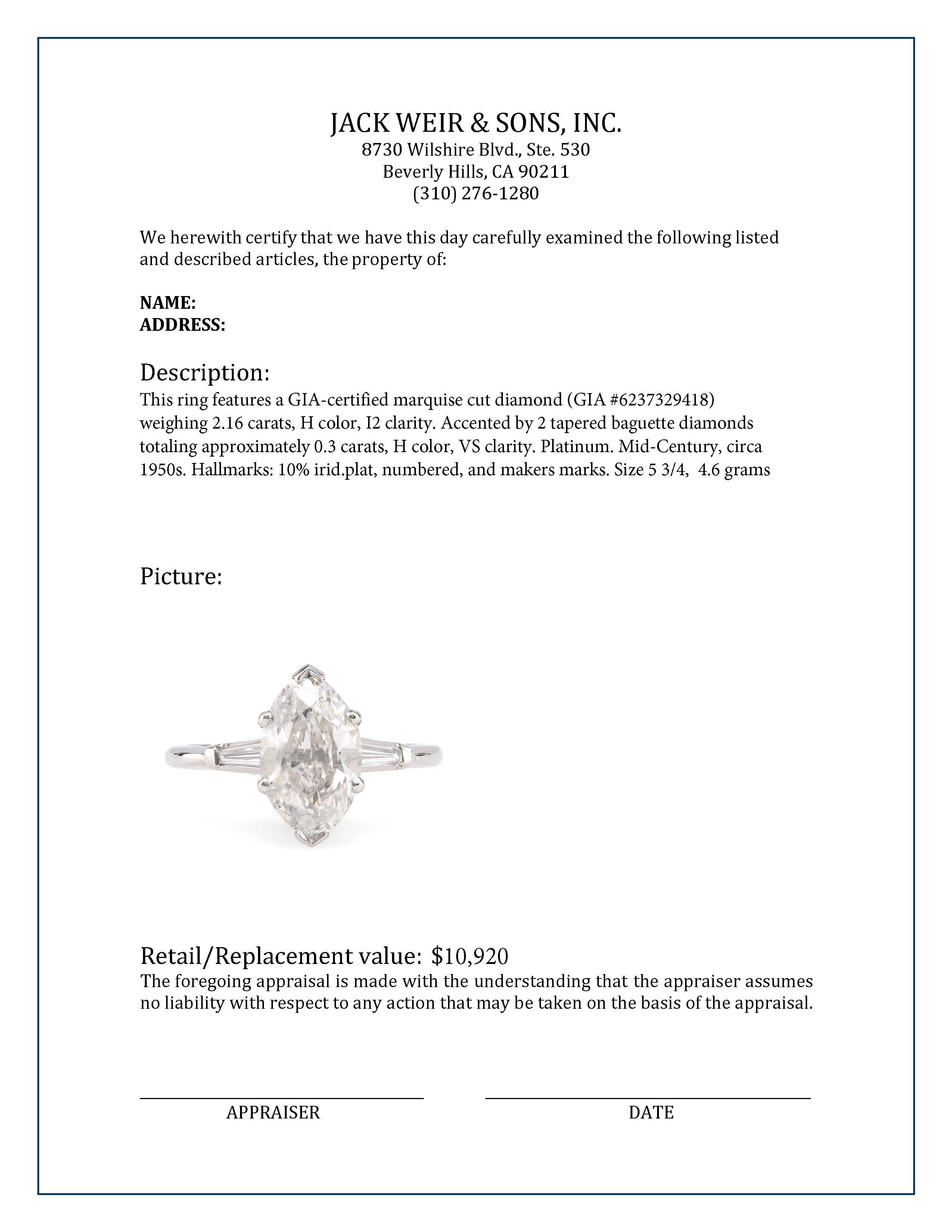 Women's or Men's Mid-Century GIA 2.16 Carat Marquise Diamond Platinum Engagement Ring
