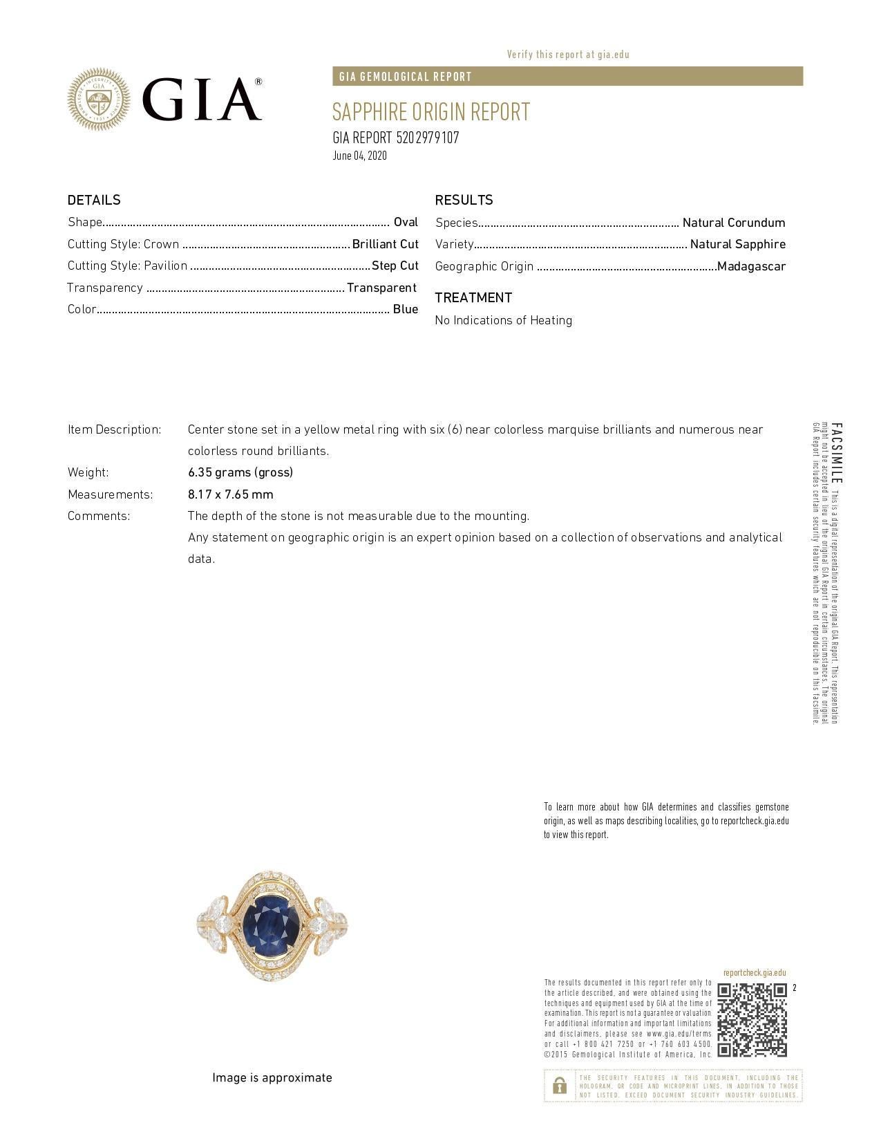 Oval Cut Mid-Century GIA 2.21 Carat Oval Sapphire Diamond 18K White Gold Ring For Sale
