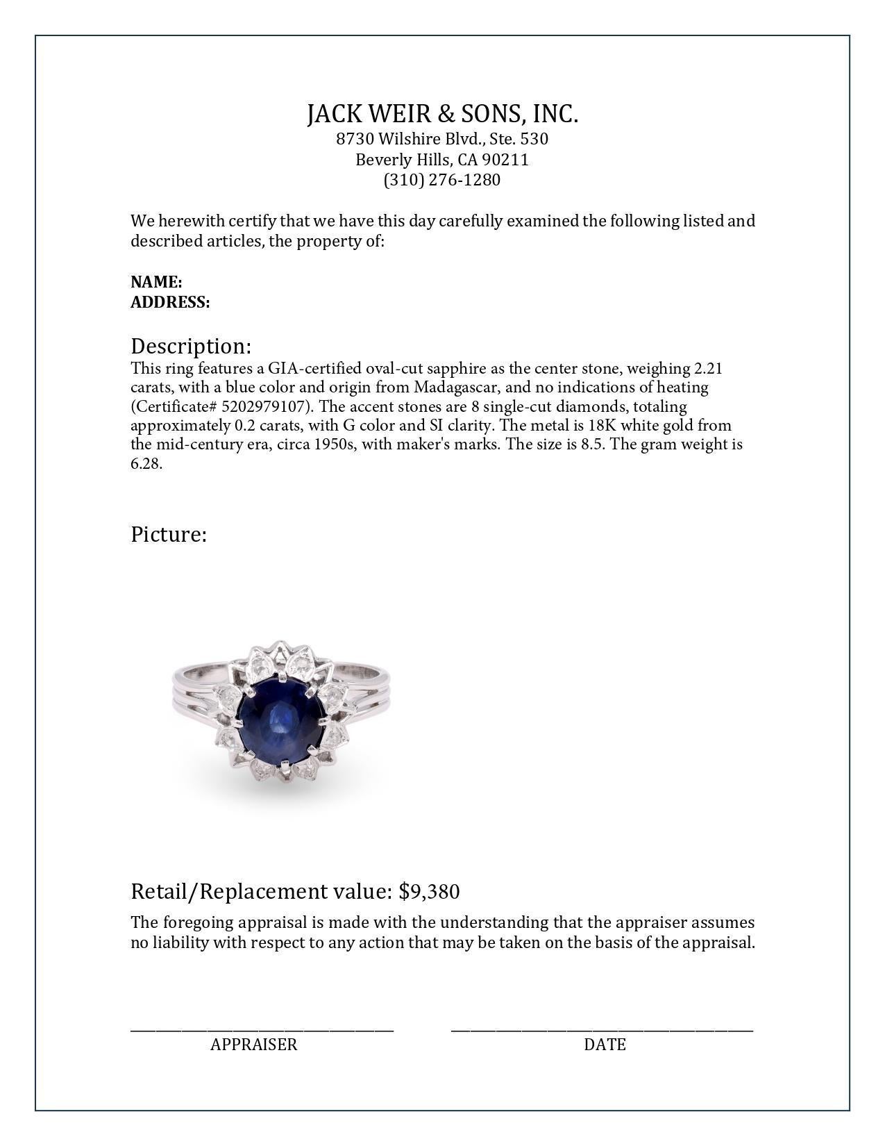 Mid-Century GIA 2.21 Carat Oval Sapphire Diamond 18K White Gold Ring In Excellent Condition For Sale In Beverly Hills, CA