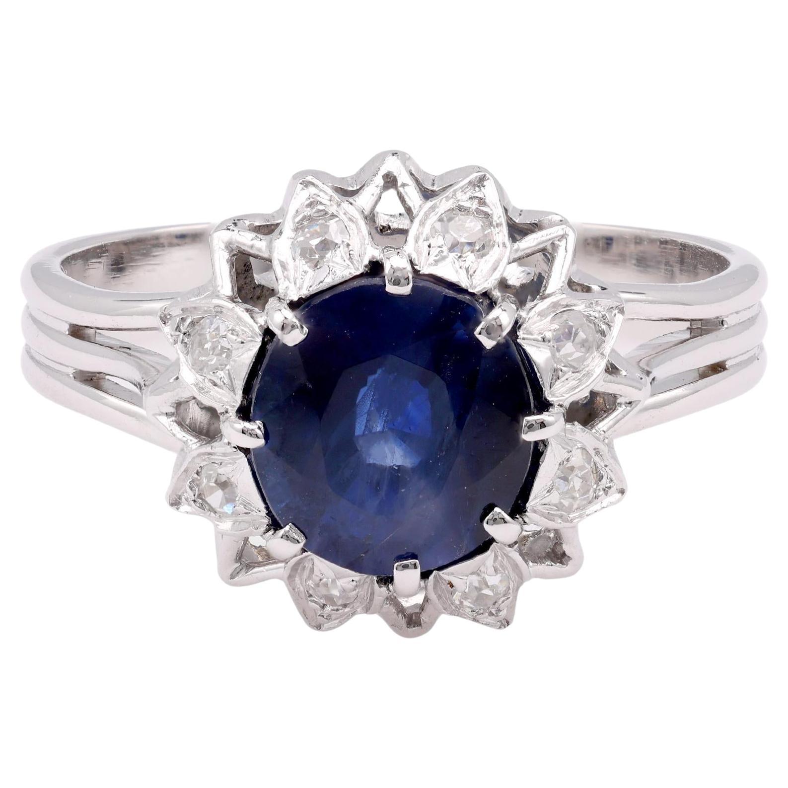 Mid-Century GIA 2.21 Carat Oval Sapphire Diamond 18K White Gold Ring