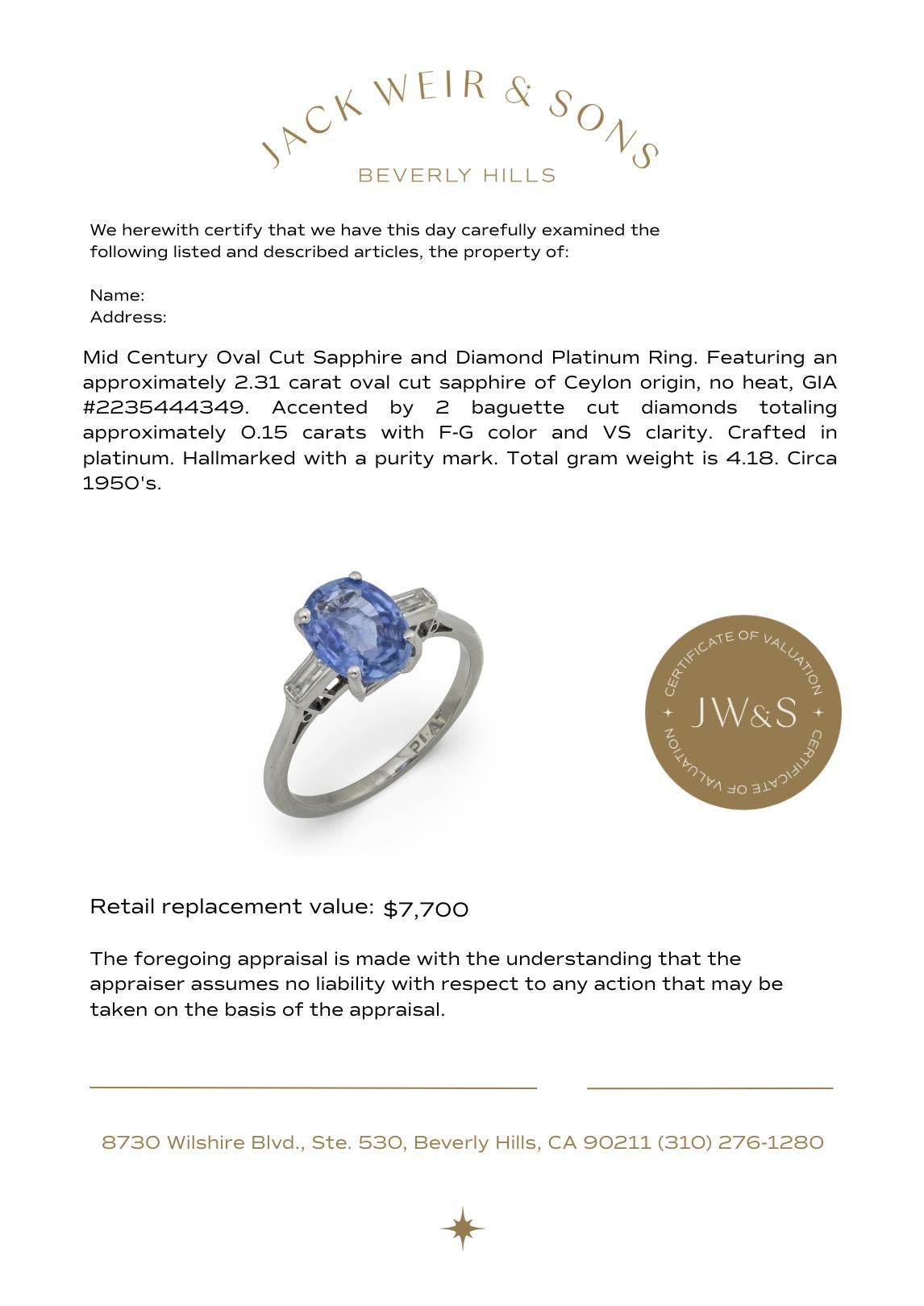 Anello di metà secolo GIA con zaffiro Ceylon senza calore e diamante in platino da 2,31 carati in vendita 3