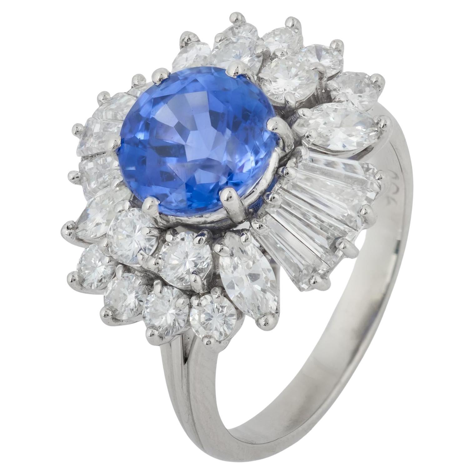 Mid Century GIA 2.42 carat Ceylon sapphire diamond platinum cocktail ring