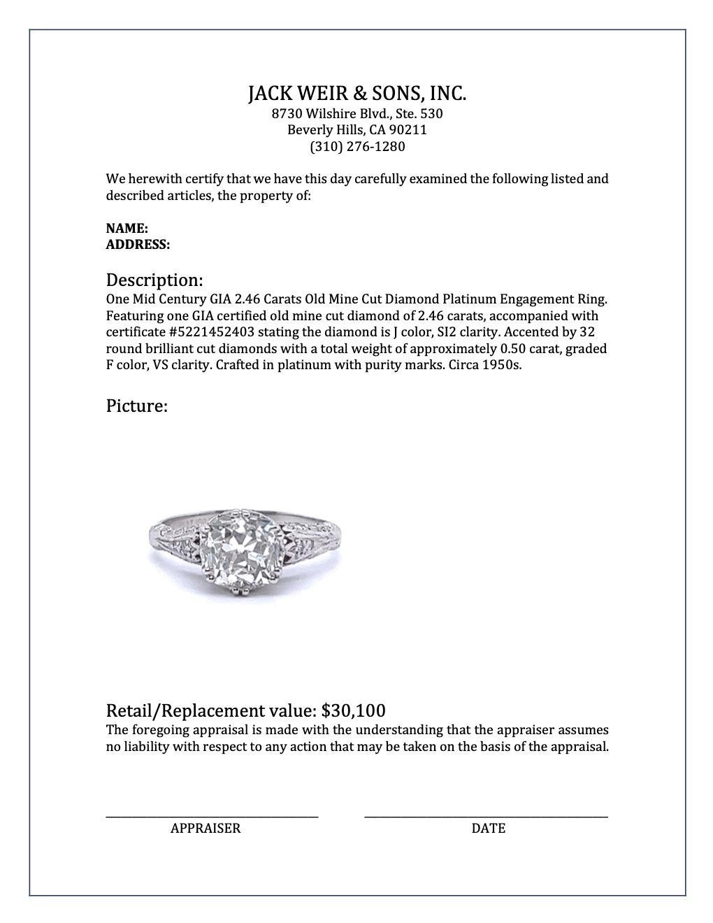 Mid-Century GIA 2.46 Carats Old Mine Cut Diamond Platinum Engagement Ring 4