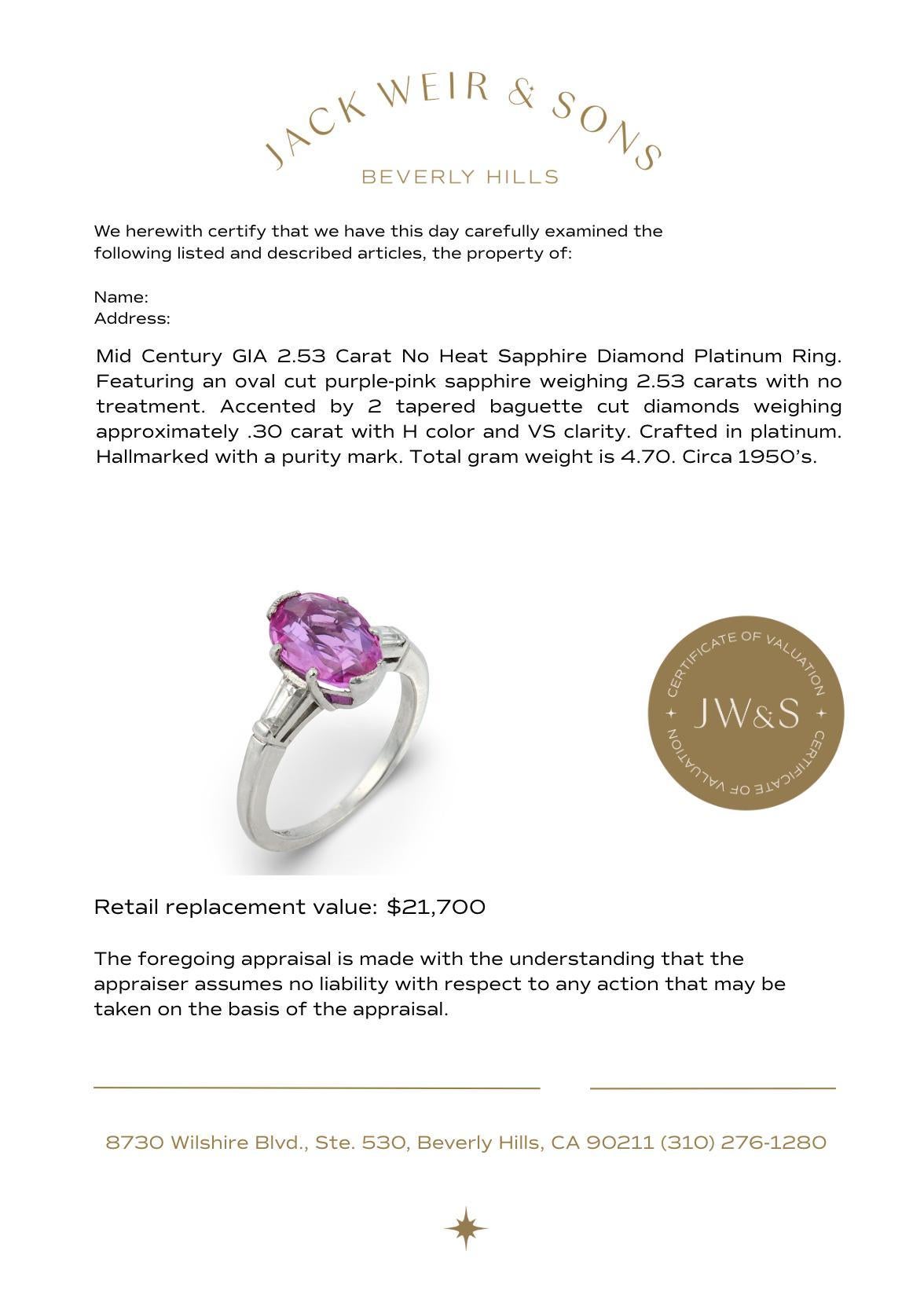 Platinring mit GIA 2.53 Karat unbehandeltem Saphir und Diamant, Mitte des Jahrhunderts im Angebot 2