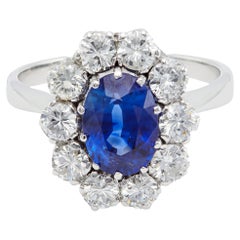 Mid Century GIA 2.64 Carat Blue Sapphire Diamond 14k White Gold Cluster Ring