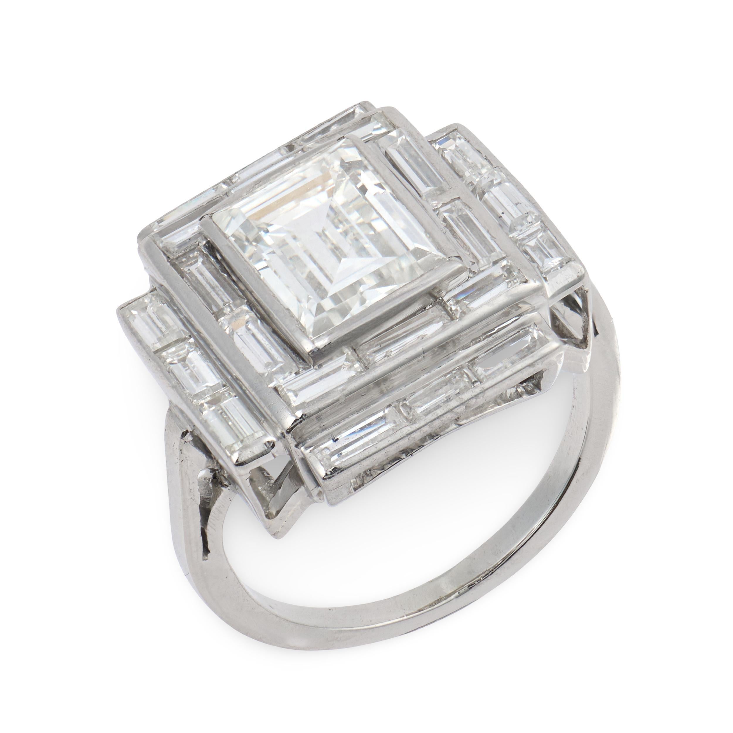 Mid Century GIA 2.72 carat emerald cut diamond platinum cocktail ring