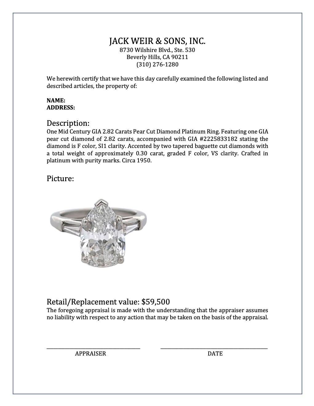 Midcentury GIA 2.82 Carats Pear Cut Diamond Platinum Ring 3