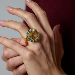 Mid Century GIA 30 carat no heat yellow sapphire diamond emerald 18k gold ring