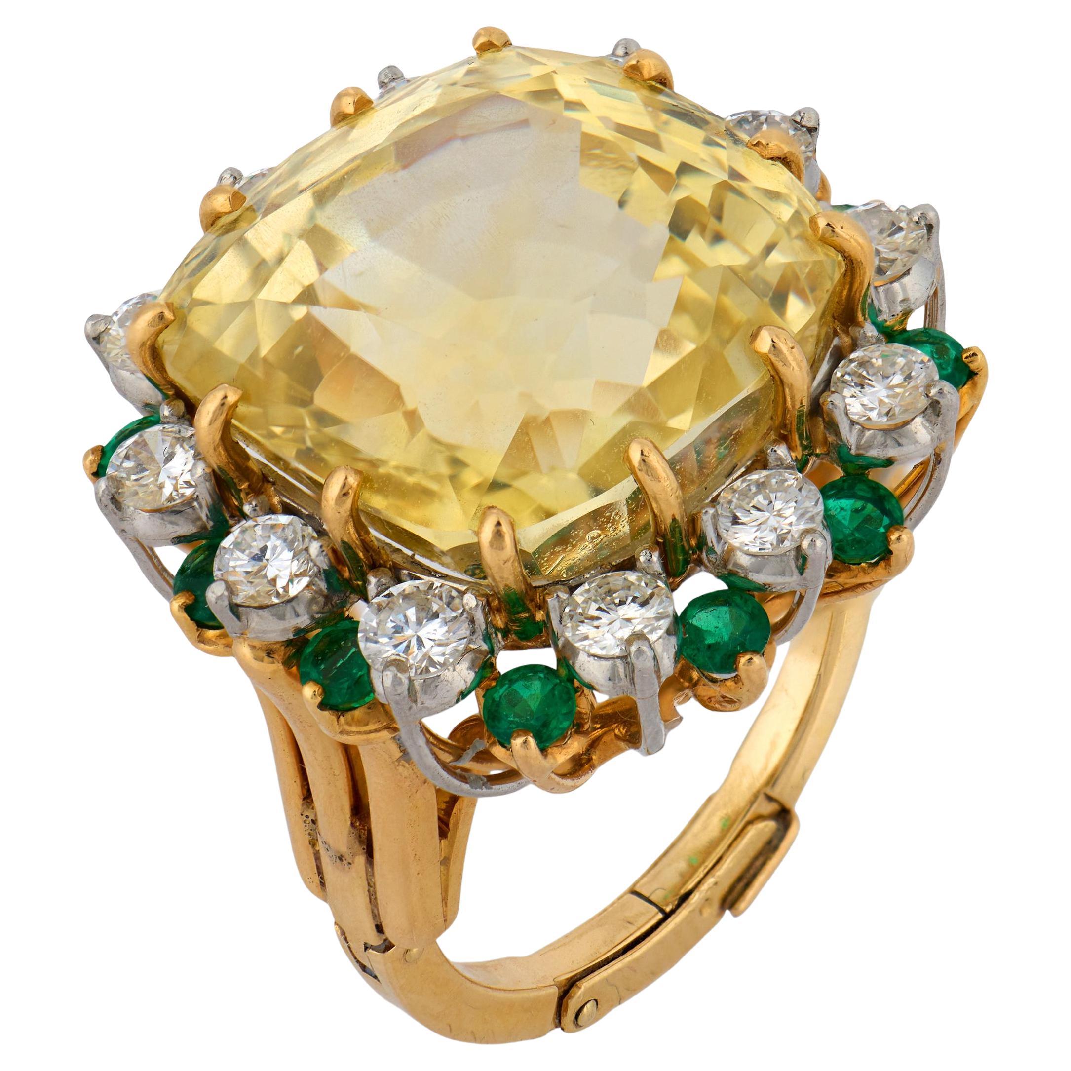 Bague en or 18k GIA 30 carats saphir jaune diamant émeraude sans chaleur