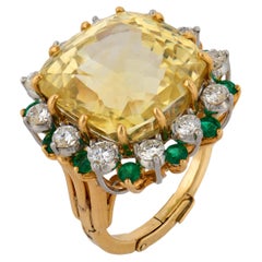 Bague en or 18k GIA 30 carats saphir jaune diamant émeraude sans chaleur