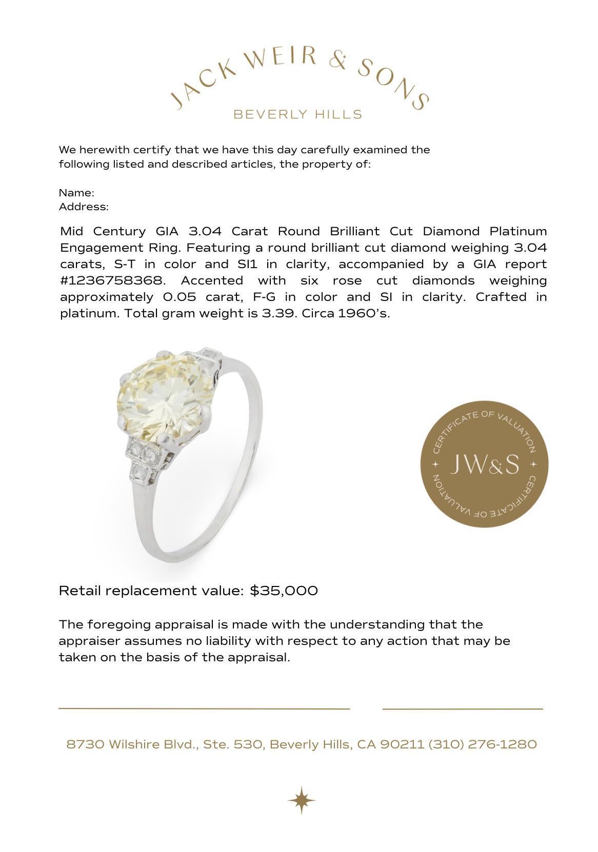 Anillo de compromiso de platino con diamante talla brillante redondo de 3,04 quilates GIA de mediados de siglo en venta 1