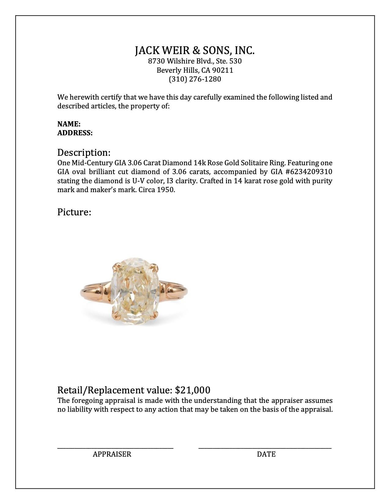 Bague solitaire en or rose 14k du milieu du siècle GIA 3,06 carats diamant taille ovale en vente 2