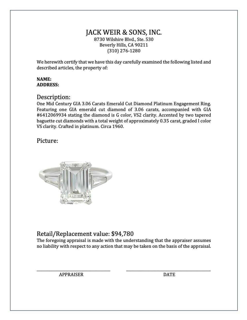 Mid Century GIA 3.06 Carats Emerald Cut Diamond Platinum Engagement Ring 3