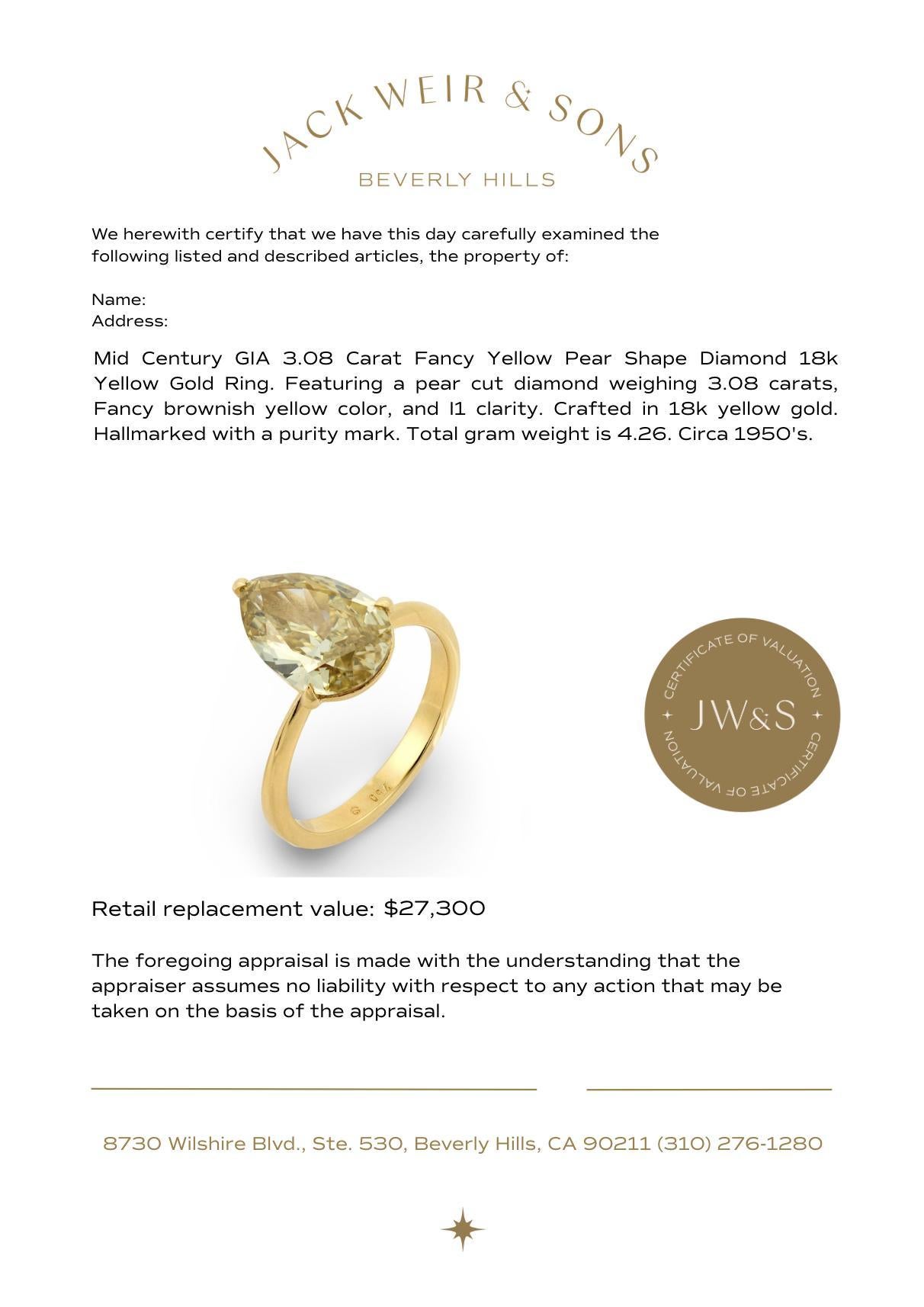 Mid Century GIA 3.08 carat fancy yellow pear shape diamond 18k yellow gold ring im Angebot 2