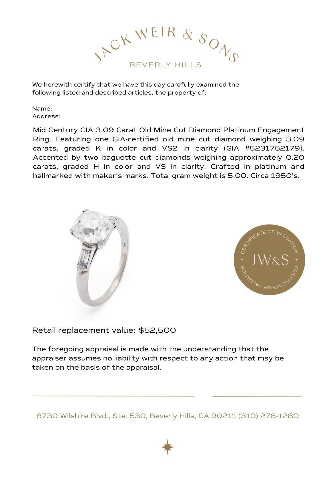 Bague de fiançailles en platine de 3.09 carats de diamant taille ancienne GIA du milieu du siècle dernier en vente 4