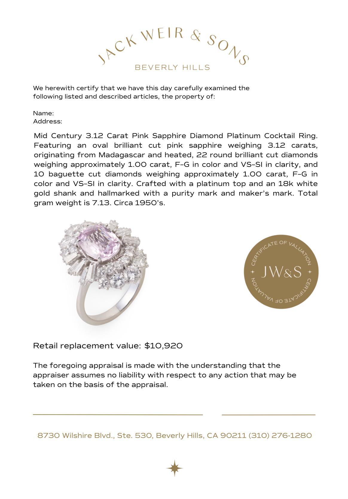 Mid Century GIA 3,12 Karat rosa Saphir-Diamant-Platin-Cocktailring im Angebot 1