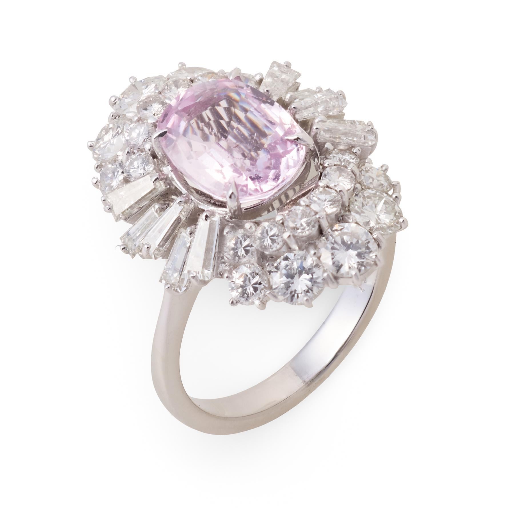 Anello da cocktail in platino con zaffiro rosa e diamante GIA da 3,12 carati di metà secolo