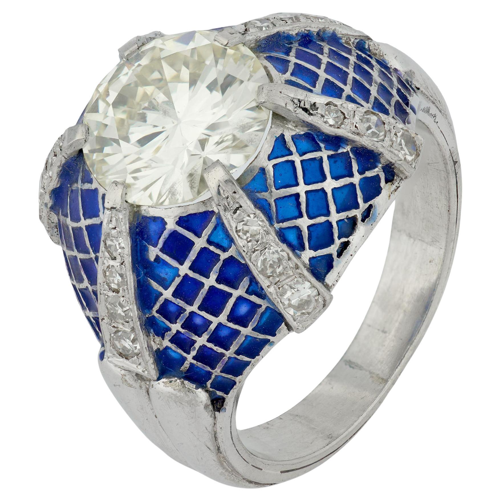Mid Century GIA 3.21 carat round brilliant cut diamond platinum enamel ring For Sale