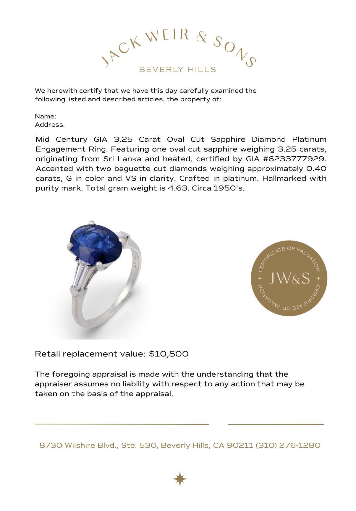 Anello di fidanzamento in platino con zaffiro taglio ovale da 3,25 carati GIA di metà secolo in vendita 2