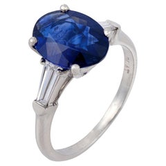 Mid Century GIA 3.25 carat oval cut sapphire diamond platinum engagement ring