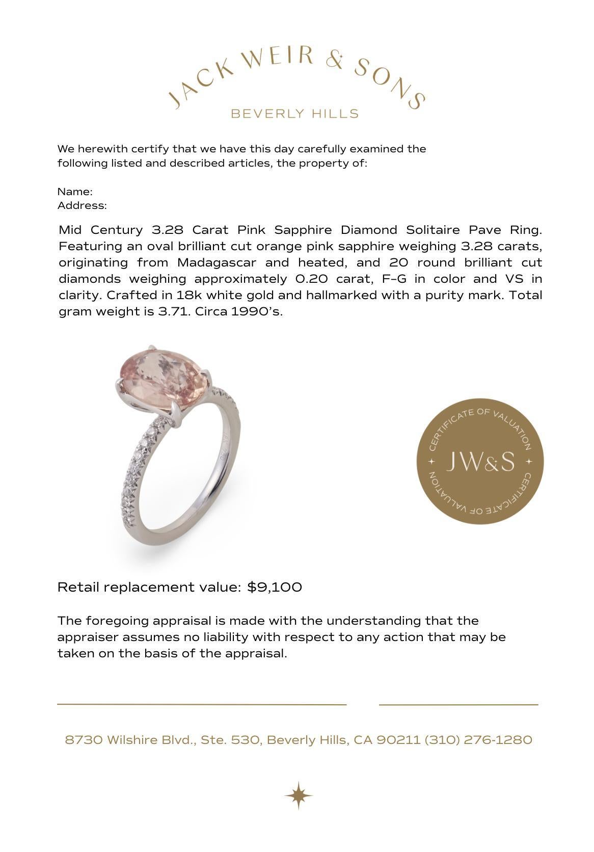 Anello con pavé di diamanti e zaffiro rosa da 3,28 carati, GIA, metà del secolo scorso in vendita 2