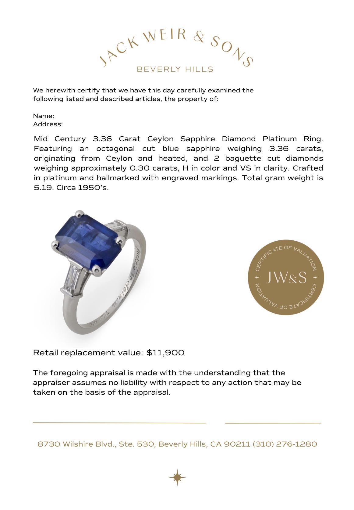 Anello di metà secolo GIA con zaffiro di Ceylon e diamante da 3.36 carati in platino in vendita 2