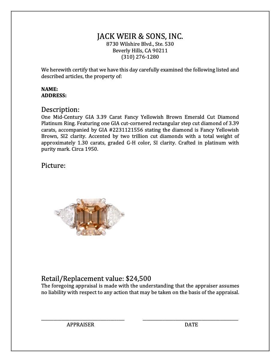 Mid-Century GIA 3.39 Carat Fancy Yellowish Brown Emerald Cut Diamond Platinum Ri 4