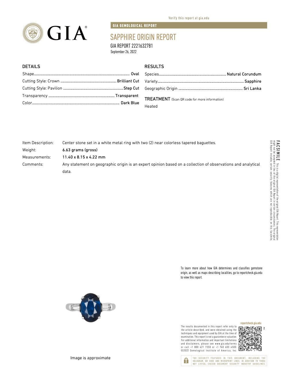 Women's or Men's Mid-Century GIA 3.42 Carats Sri Lanka Sapphire Diamond Platinum Ring