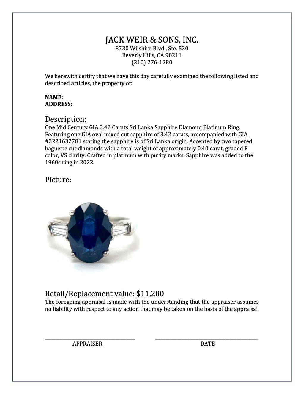Mid-Century GIA 3.42 Carats Sri Lanka Sapphire Diamond Platinum Ring 1