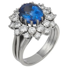 Mid Century GIA 3.50 carat Ceylon sapphire diamond 18k white gold cluster ring