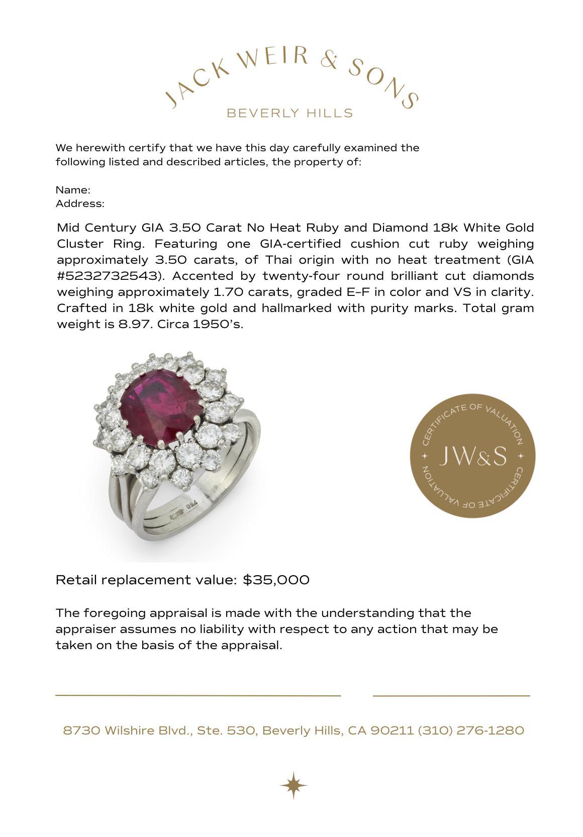 Donna Anello a grappolo in oro bianco 18k GIA di 3,50 carati senza calore con rubino e diamante di metà secolo in vendita