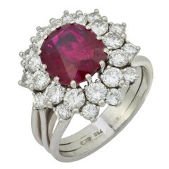 Mid Century GIA 3.50 carat no heat ruby diamond 18k white gold cluster ring